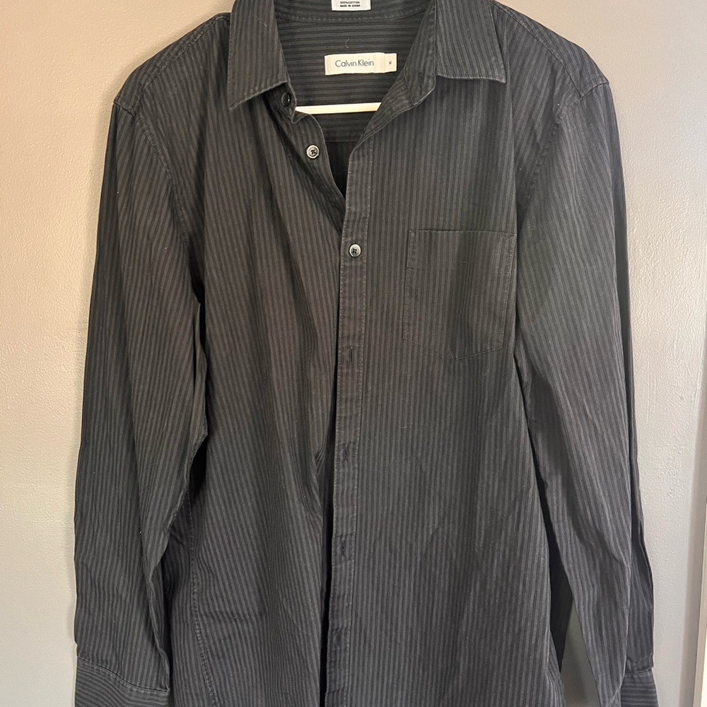 Calvin Klein Men's Black and Gray Striped Button Down Shirt